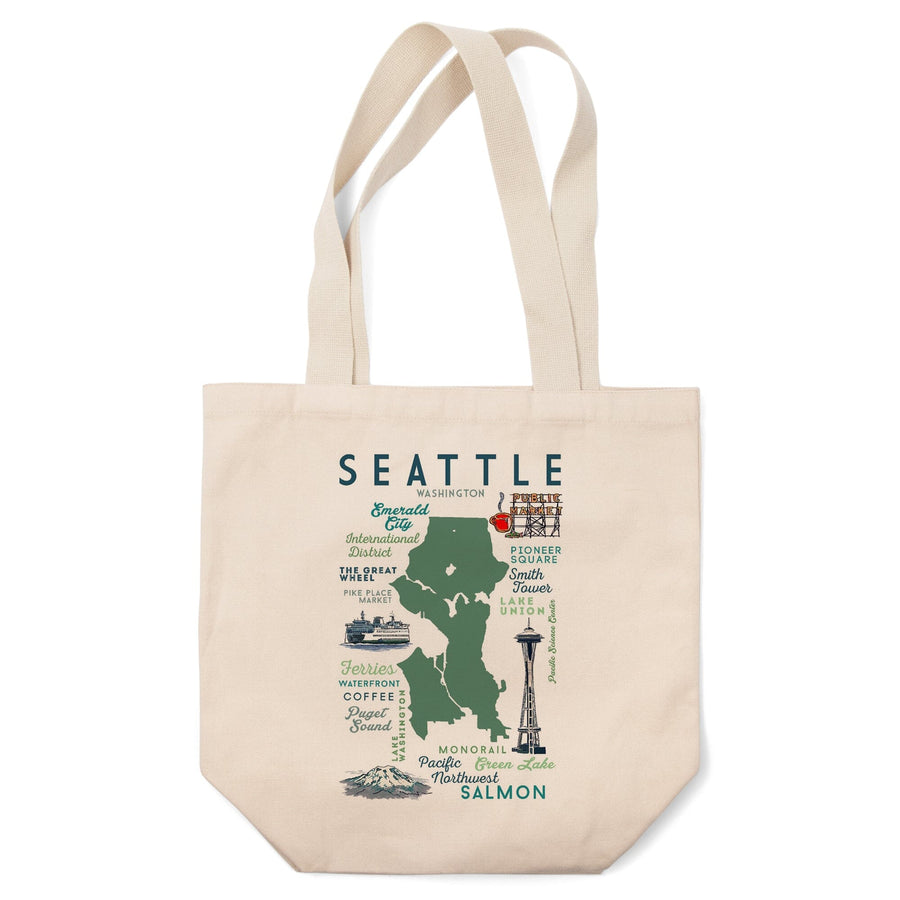 Seattle, Washington, Typography & Icons, Lantern Press Artwork, Tote Bag Totes Lantern Press 