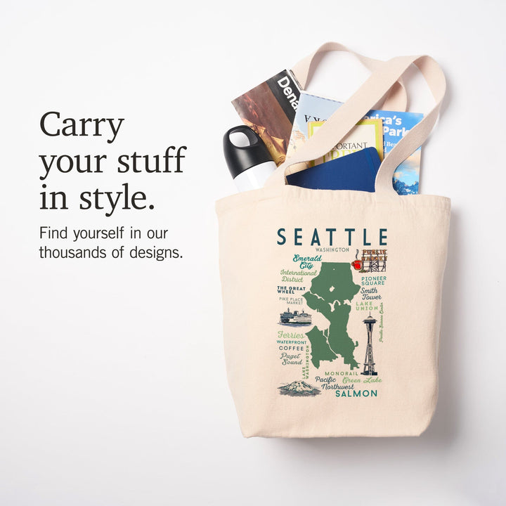 Seattle, Washington, Typography & Icons, Lantern Press Artwork, Tote Bag Totes Lantern Press 