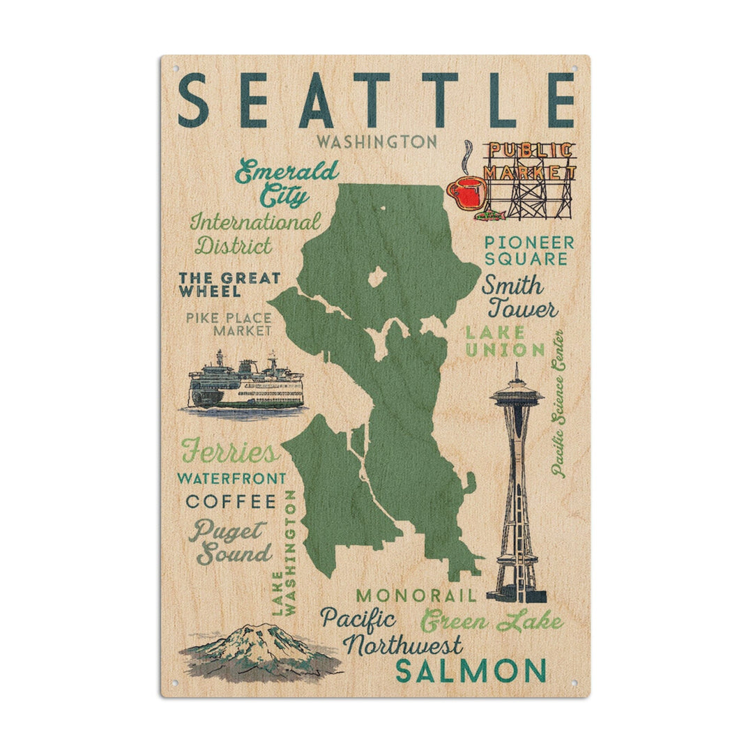 Seattle, Washington, Typography & Icons, Lantern Press Artwork, Wood Signs and Postcards Wood Lantern Press 10 x 15 Wood Sign 