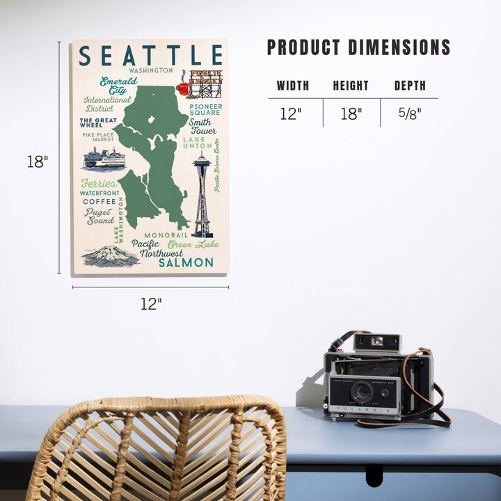 Seattle, Washington, Typography & Icons, Lantern Press Artwork, Wood Signs and Postcards Wood Lantern Press 