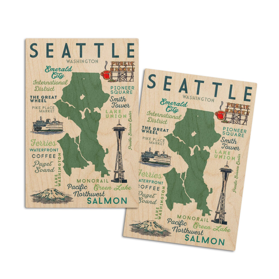 Seattle, Washington, Typography & Icons, Lantern Press Artwork, Wood Signs and Postcards Wood Lantern Press 4x6 Wood Postcard Set 