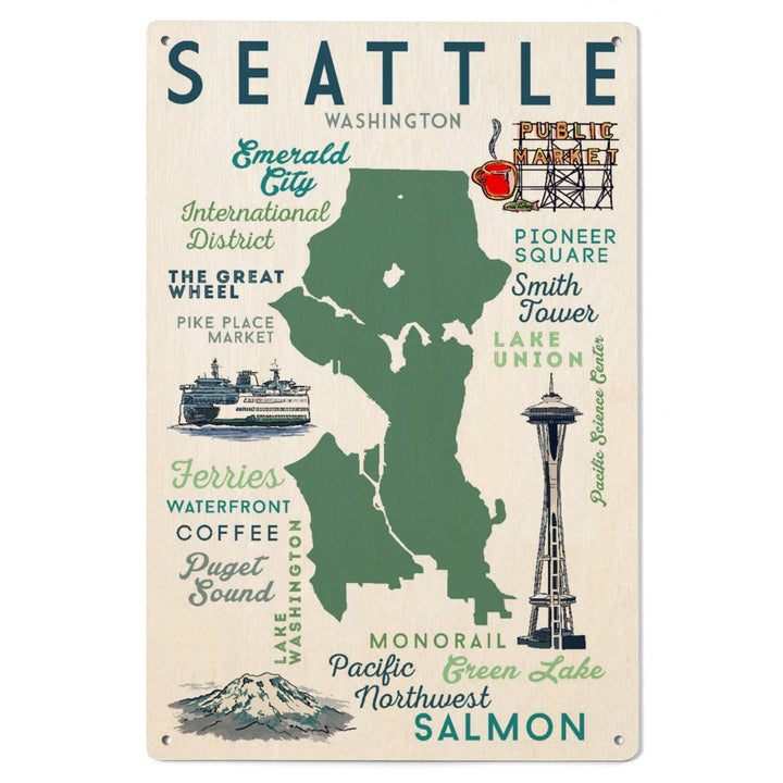 Seattle, Washington, Typography & Icons, Lantern Press Artwork, Wood Signs and Postcards Wood Lantern Press 