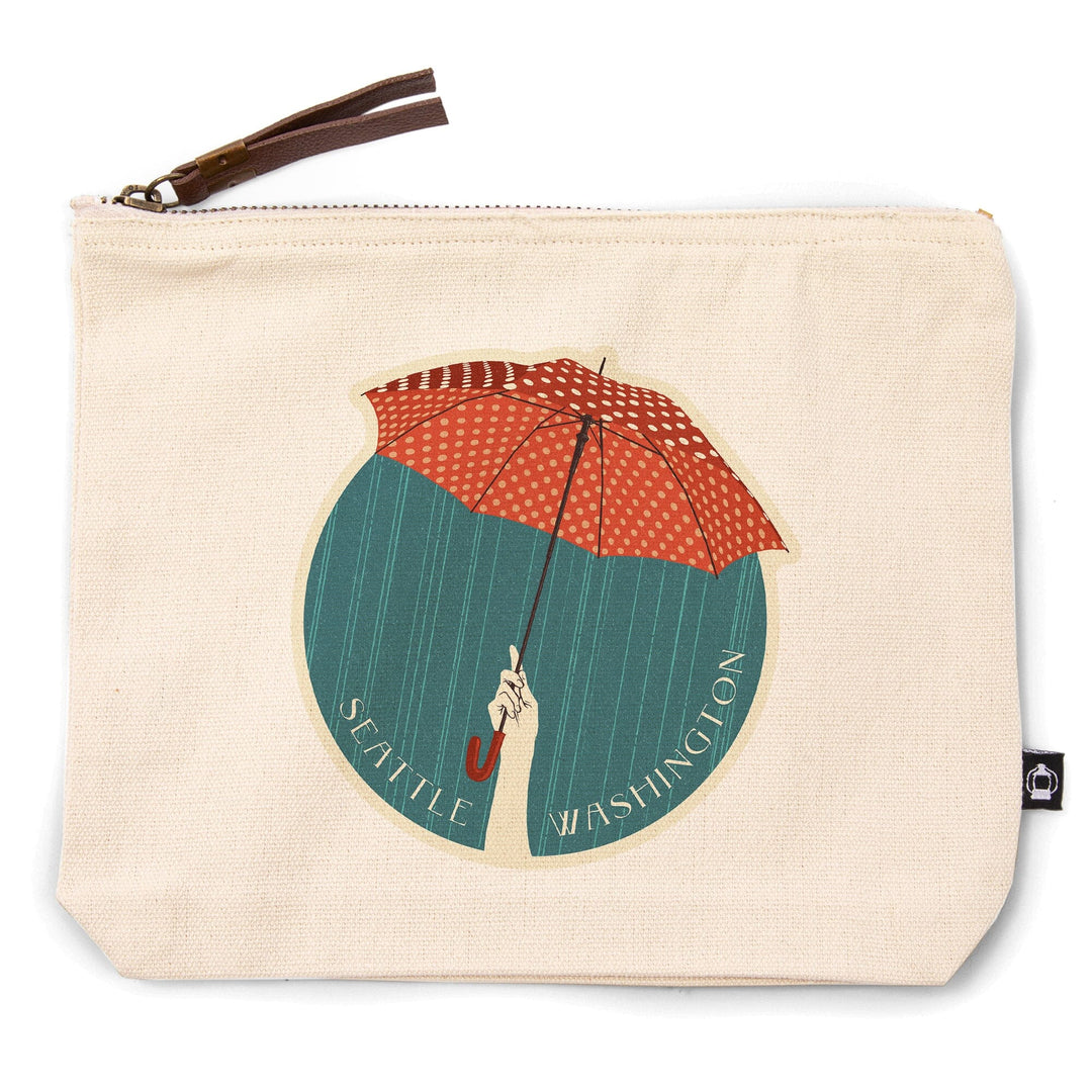 Seattle, Washington, Umbrella Letterpress, Circle,, Organic Cotton Zipper Pouch, Go Bag Go Bag Lantern Press 
