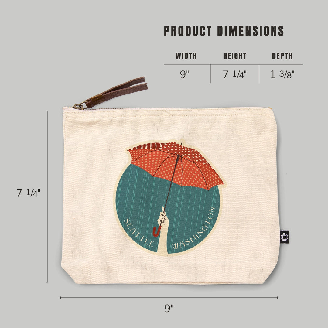 Seattle, Washington, Umbrella Letterpress, Circle,, Organic Cotton Zipper Pouch, Go Bag Go Bag Lantern Press 