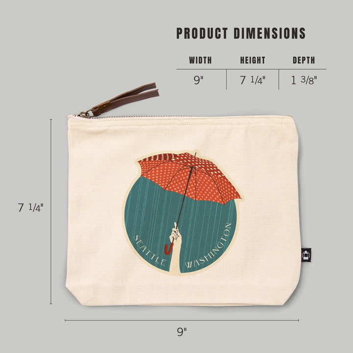 Seattle, Washington, Umbrella Letterpress, Circle,, Organic Cotton Zipper Pouch, Go Bag Go Bag Lantern Press 