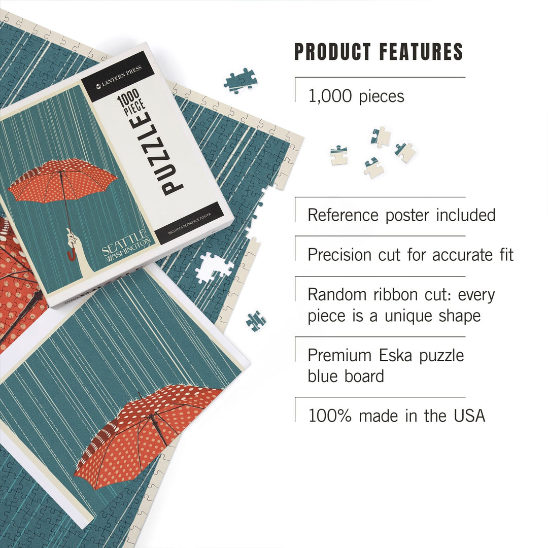Seattle, Washington, Umbrella Letterpress, Jigsaw Puzzle Puzzle Lantern Press 