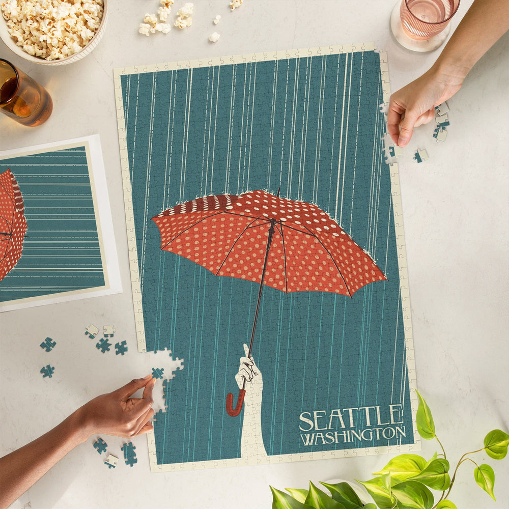 Seattle, Washington, Umbrella Letterpress, Jigsaw Puzzle Puzzle Lantern Press 