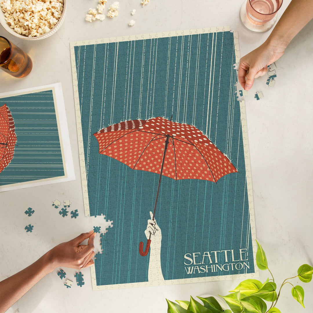 Seattle, Washington, Umbrella Letterpress, Jigsaw Puzzle Puzzle Lantern Press 