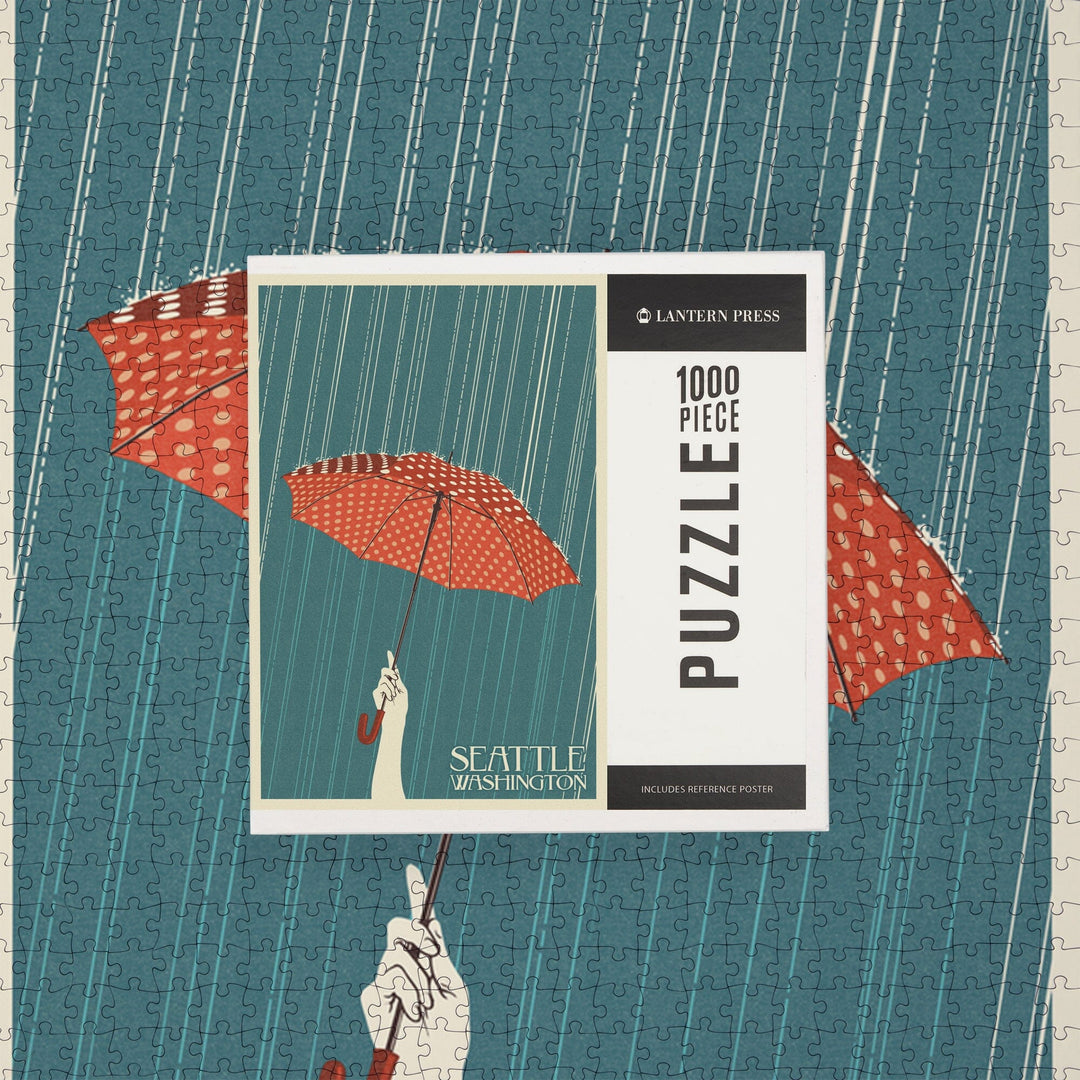 Seattle, Washington, Umbrella Letterpress, Jigsaw Puzzle Puzzle Lantern Press 