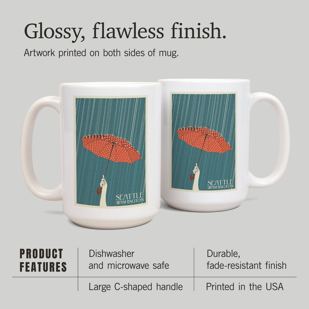 Seattle, Washington, Umbrella Letterpress, Lantern Press Artwork, Ceramic Mug Mugs Lantern Press 