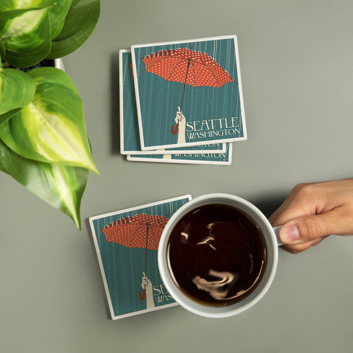 Seattle, Washington, Umbrella Letterpress, Lantern Press Artwork, Coaster Set Coasters Lantern Press 