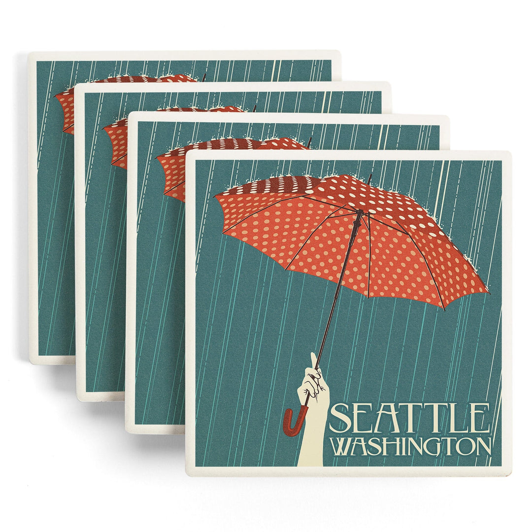 Seattle, Washington, Umbrella Letterpress, Lantern Press Artwork, Coaster Set Coasters Lantern Press 