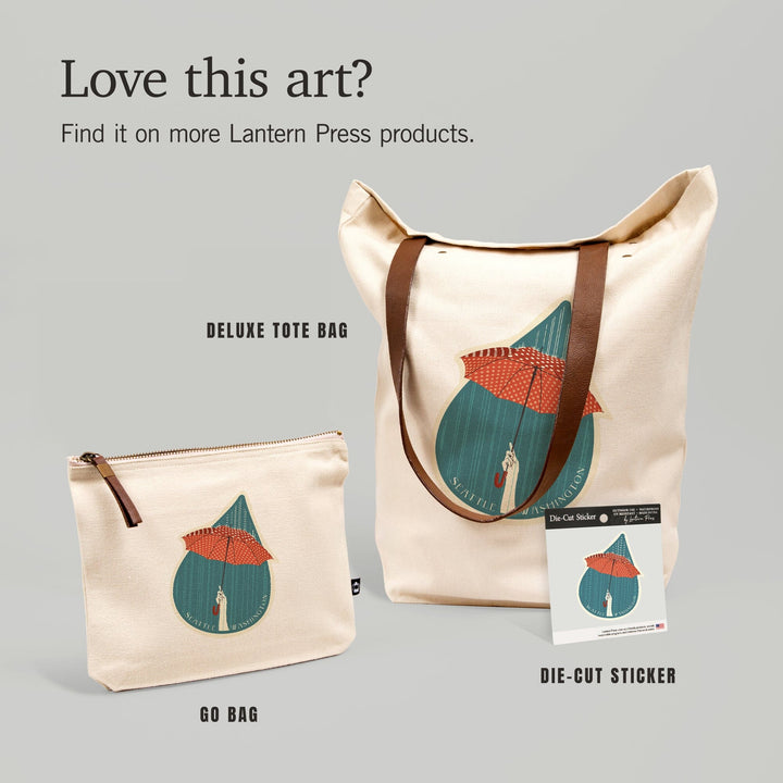 Seattle, Washington, Umbrella Letterpress,, Organic Cotton Zipper Pouch, Go Bag Go Bag Lantern Press 