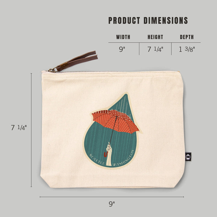 Seattle, Washington, Umbrella Letterpress,, Organic Cotton Zipper Pouch, Go Bag Go Bag Lantern Press 