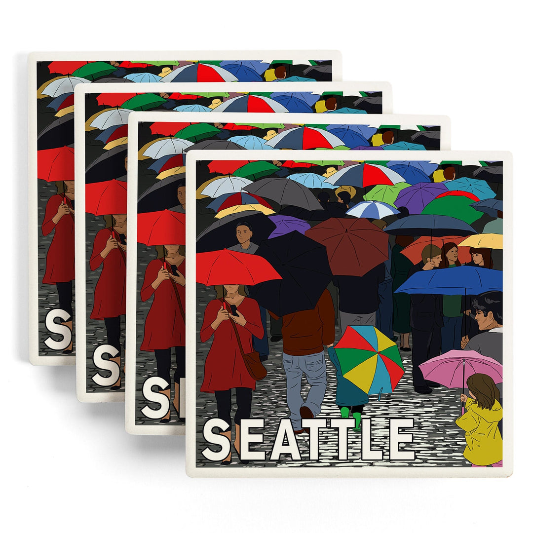 Seattle, Washington, Umbrellas, Lantern Press Artwork, Coaster Set Coasters Lantern Press 