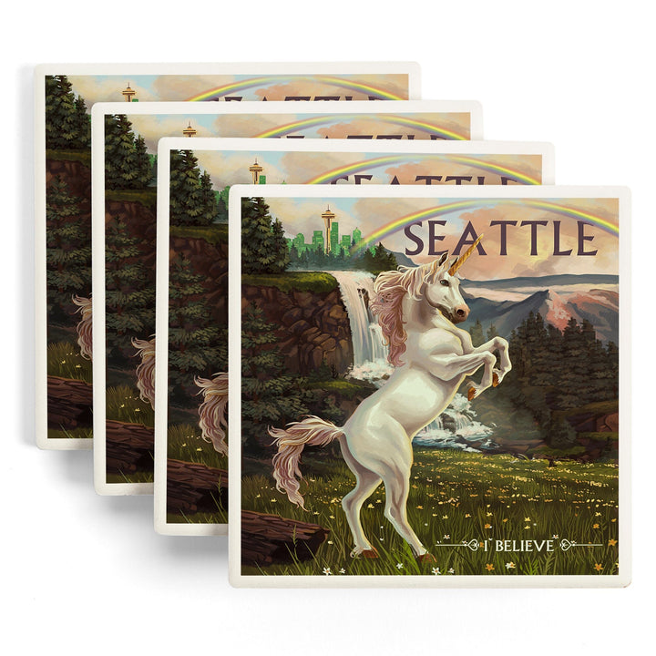 Seattle, Washington, Unicorn Scene, Coasters Coasters Lantern Press 