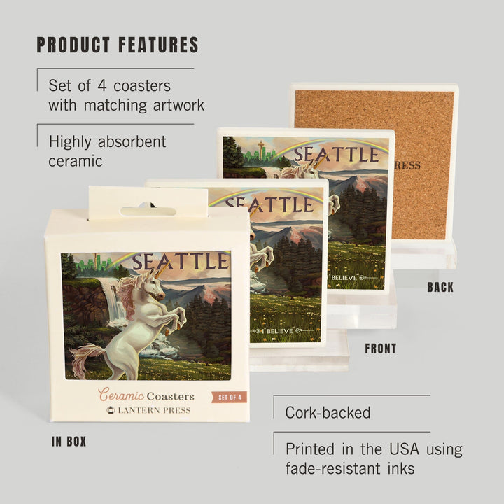 Seattle, Washington, Unicorn Scene, Coasters Coasters Lantern Press 