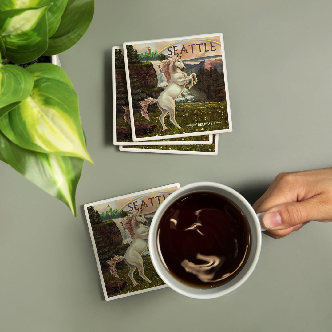 Seattle, Washington, Unicorn Scene, Coasters Coasters Lantern Press 
