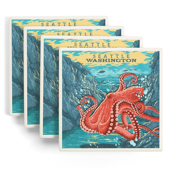 Seattle, Washington, Vintage Print Press, Octopus, Coasters Coasters Lantern Press 