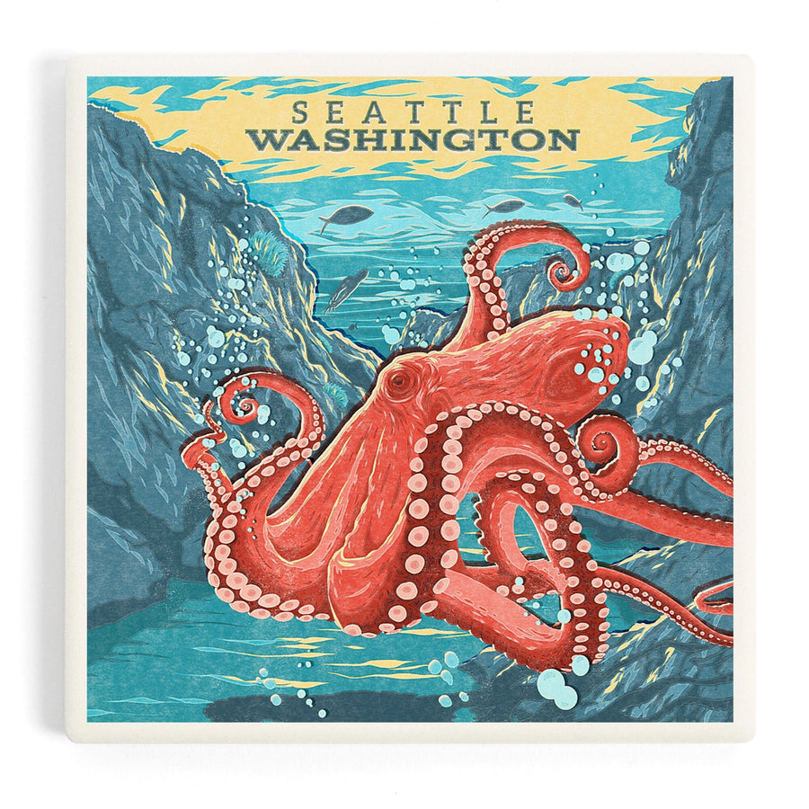 Seattle, Washington, Vintage Print Press, Octopus, Coasters Coasters Lantern Press 