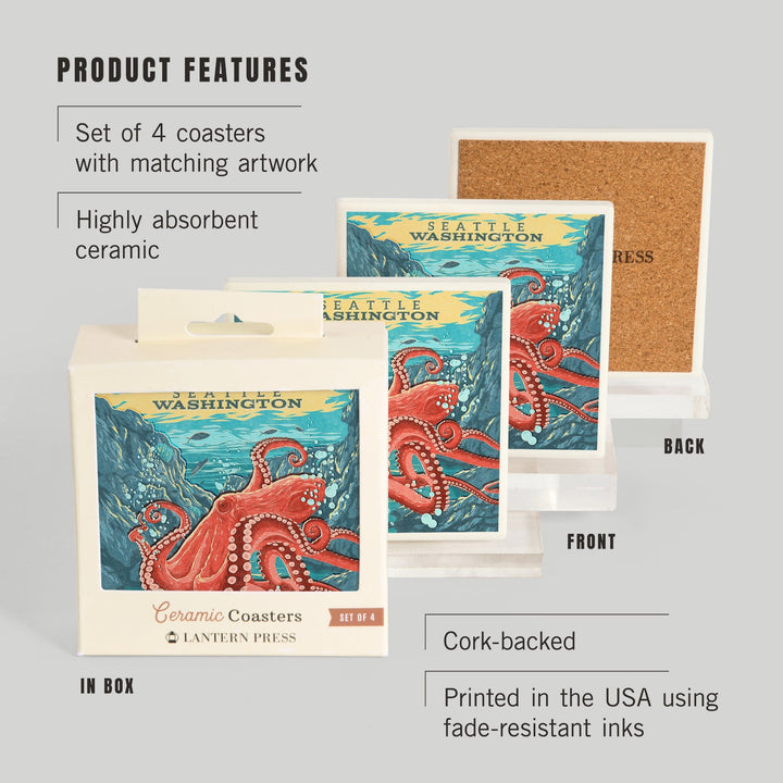 Seattle, Washington, Vintage Print Press, Octopus, Coasters Coasters Lantern Press 