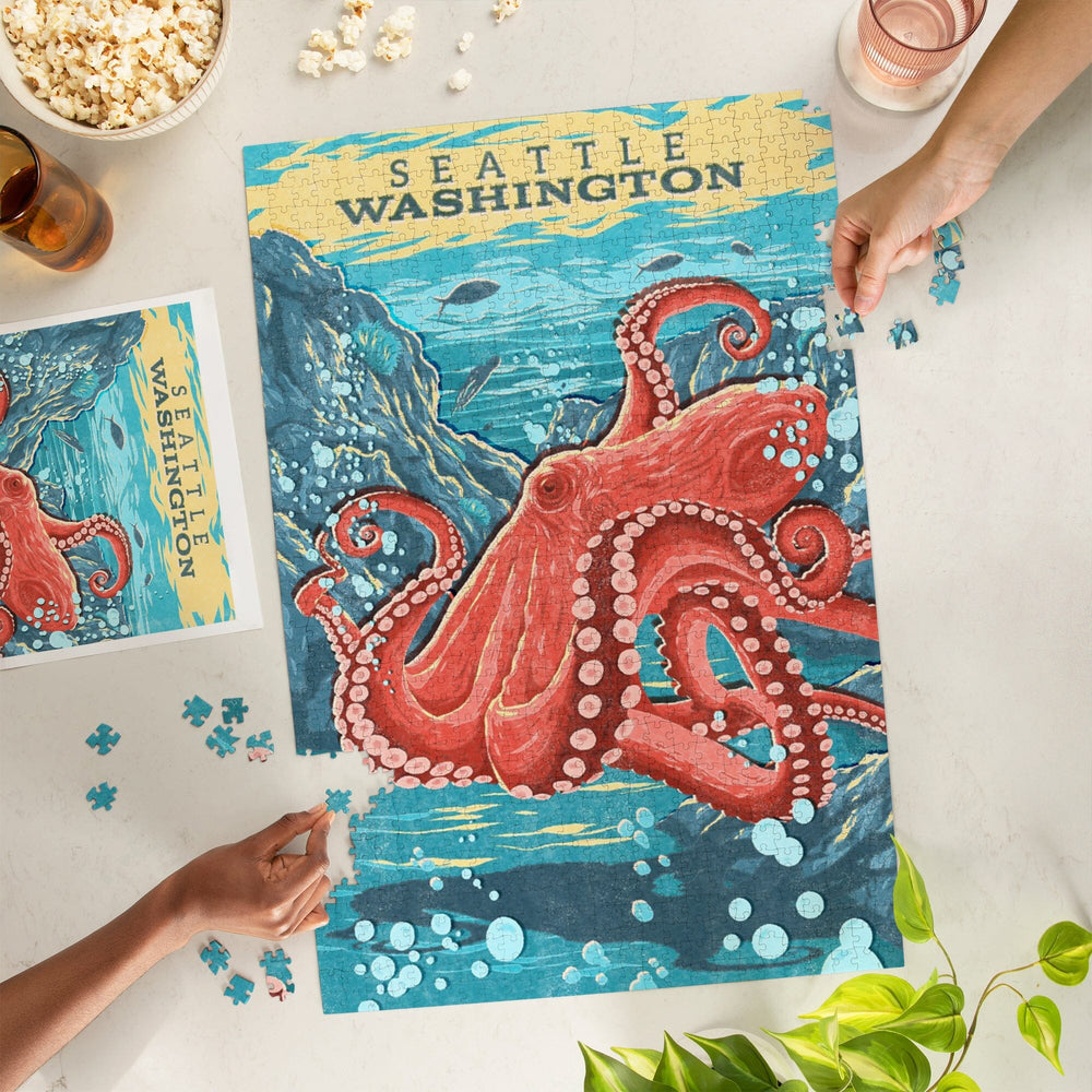 Seattle, Washington, Vintage Print Press, Octopus, Jigsaw Puzzle Puzzle Lantern Press 