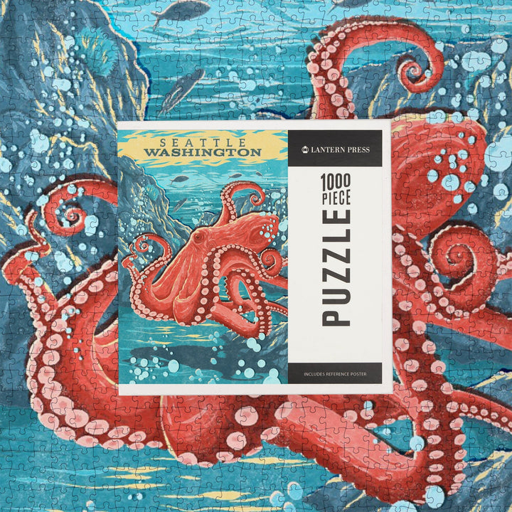 Seattle, Washington, Vintage Print Press, Octopus, Jigsaw Puzzle Puzzle Lantern Press 