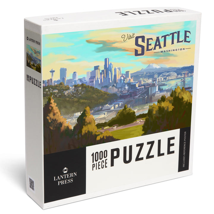 Seattle, Washington, Visit Seattle, Skyline, Oil Painting, Jigsaw Puzzle Puzzle Lantern Press 