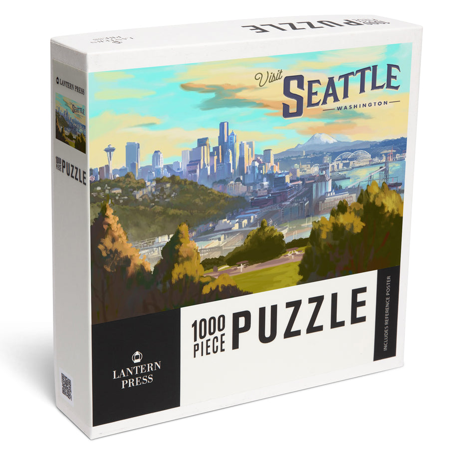 Seattle, Washington, Visit Seattle, Skyline, Oil Painting, Jigsaw Puzzle Puzzle Lantern Press 
