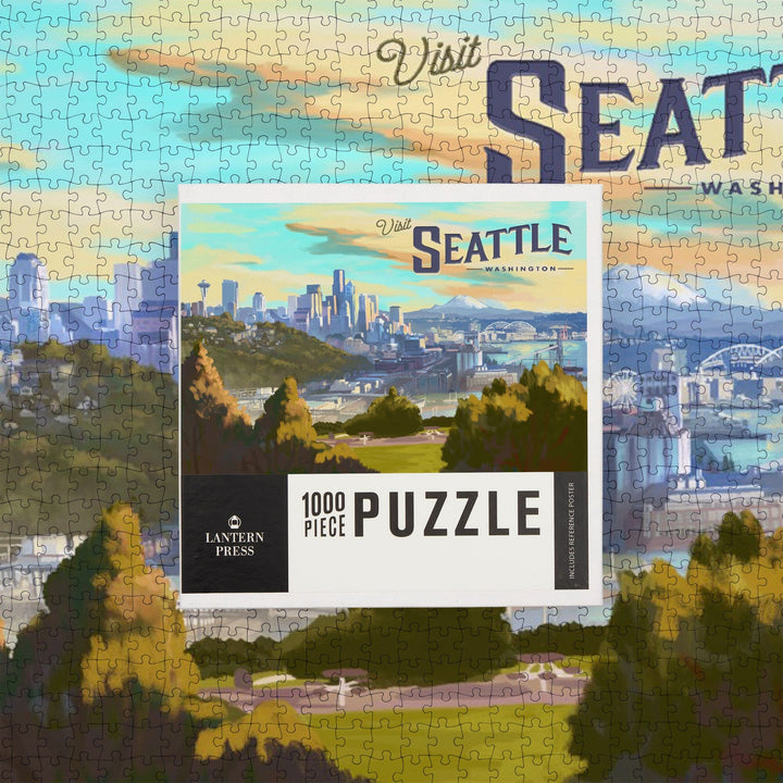 Seattle, Washington, Visit Seattle, Skyline, Oil Painting, Jigsaw Puzzle Puzzle Lantern Press 