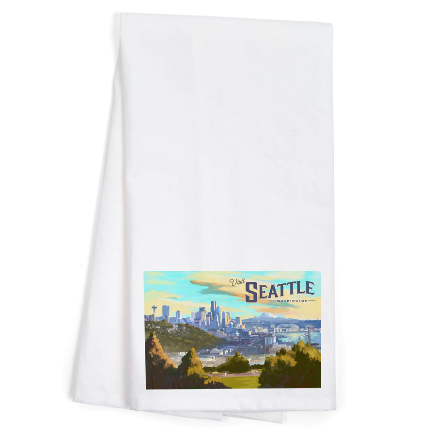 Seattle, Washington, Visit Seattle, Skyline, Oil Painting, Organic Cotton Kitchen Tea Towels Kitchen Lantern Press 