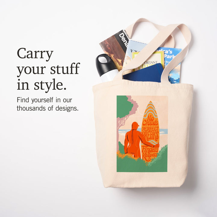 Secret Surf Spot Collection, Surfer At The Beach, No Crowds, Perfect Breaks, Finders Keepers, Tote Bag Totes Lantern Press 