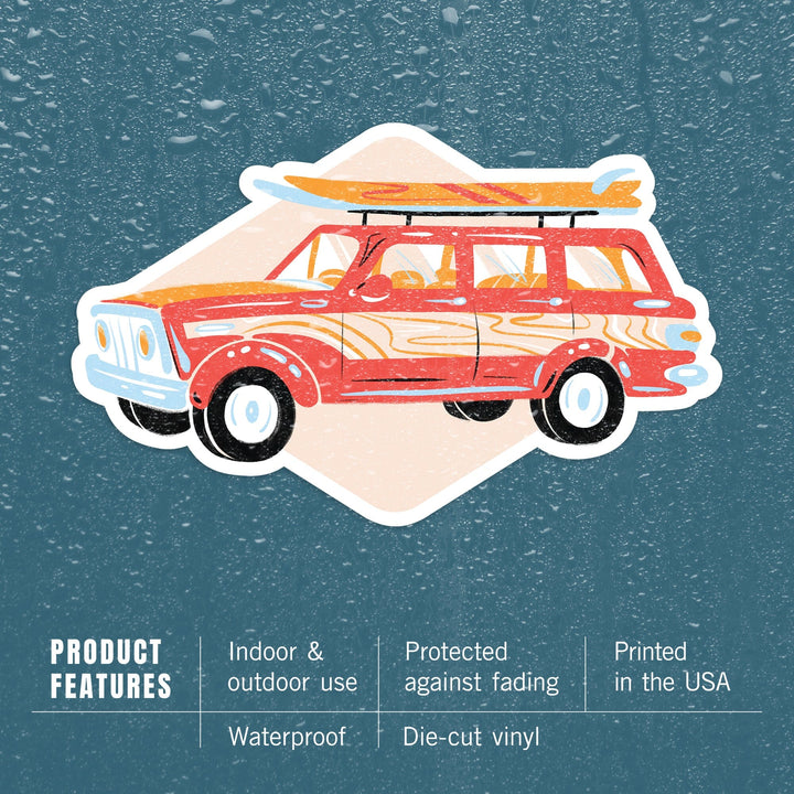 Secret Surf Spot Collection, Woody Wagon with Surfboards, Contour, Vinyl Sticker Sticker Lantern Press 