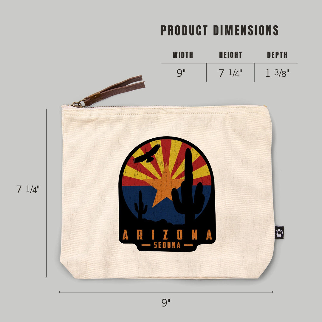 Sedona, Arizona, Cactus Scene and State Flag,, Organic Cotton Zipper Pouch, Go Bag Go Bag Lantern Press 