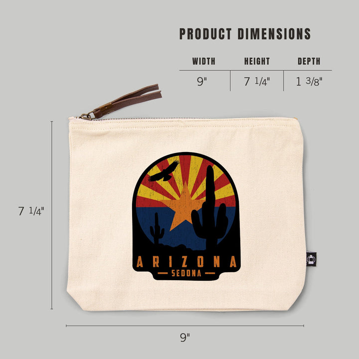Sedona, Arizona, Cactus Scene and State Flag,, Organic Cotton Zipper Pouch, Go Bag Go Bag Lantern Press 