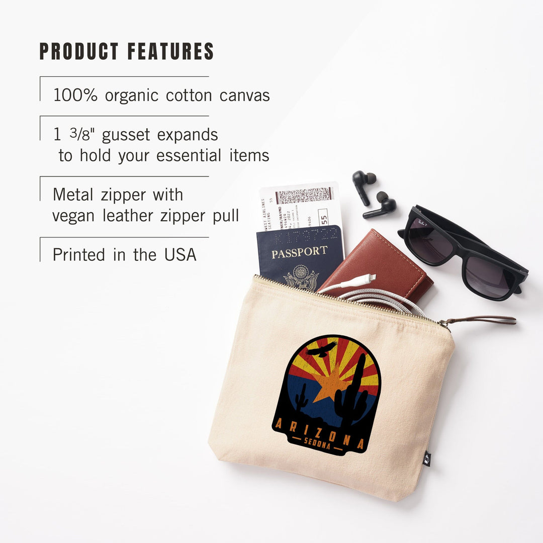 Sedona, Arizona, Cactus Scene and State Flag,, Organic Cotton Zipper Pouch, Go Bag Go Bag Lantern Press 