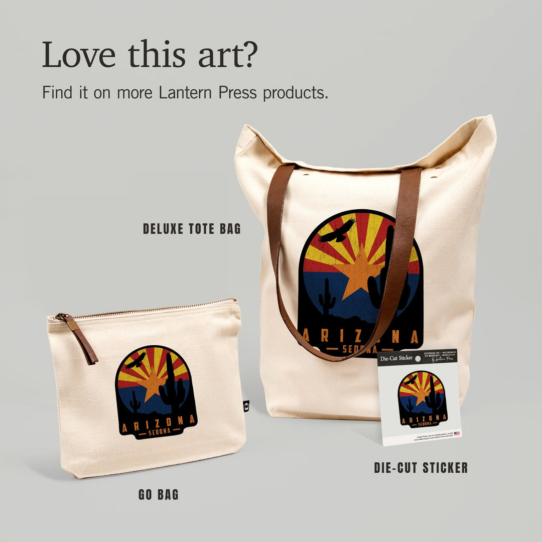 Sedona, Arizona, Cactus Scene and State Flag,, Organic Cotton Zipper Pouch, Go Bag Go Bag Lantern Press 