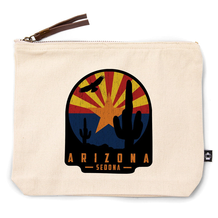 Sedona, Arizona, Cactus Scene and State Flag,, Organic Cotton Zipper Pouch, Go Bag Go Bag Lantern Press 