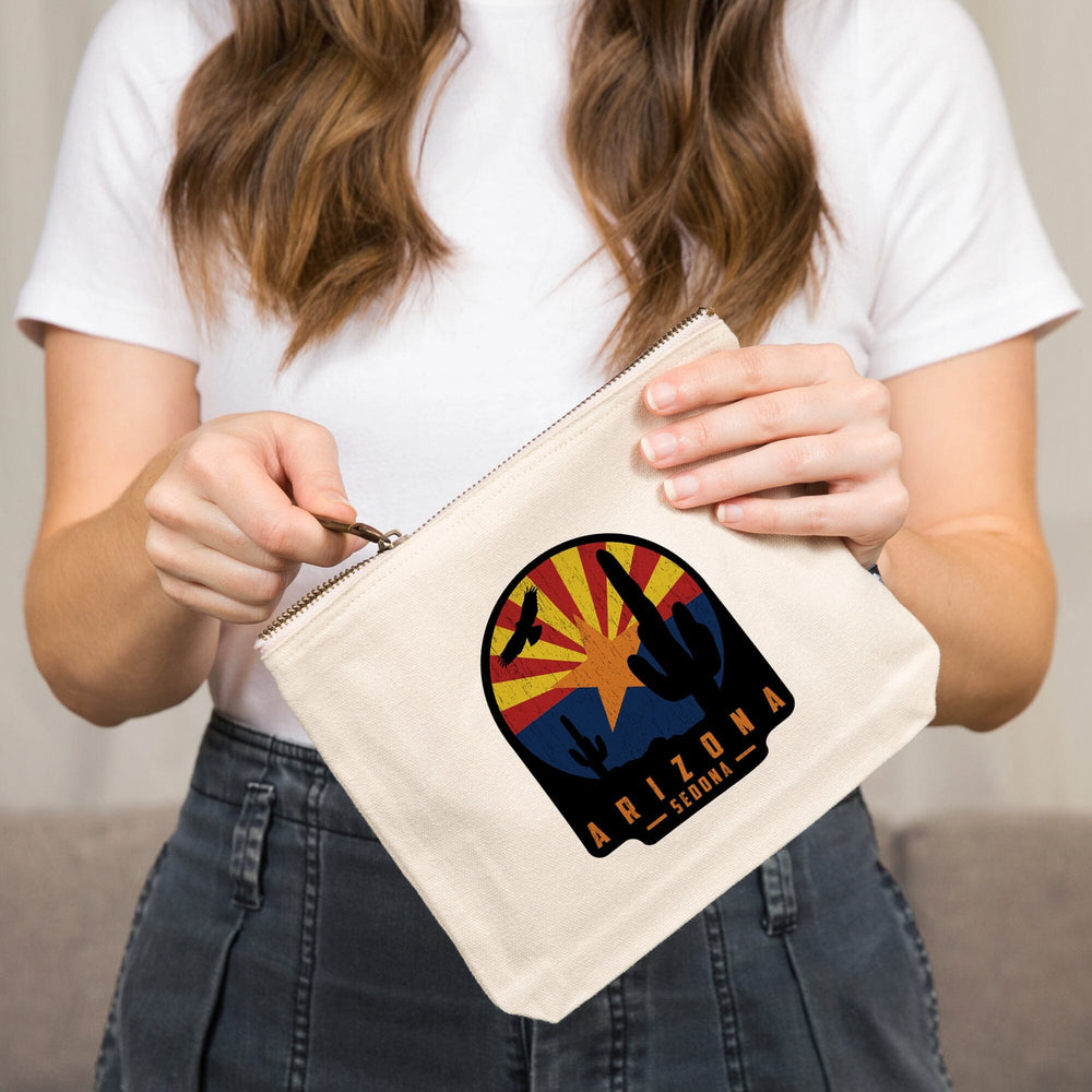 Sedona, Arizona, Cactus Scene and State Flag,, Organic Cotton Zipper Pouch, Go Bag Go Bag Lantern Press 