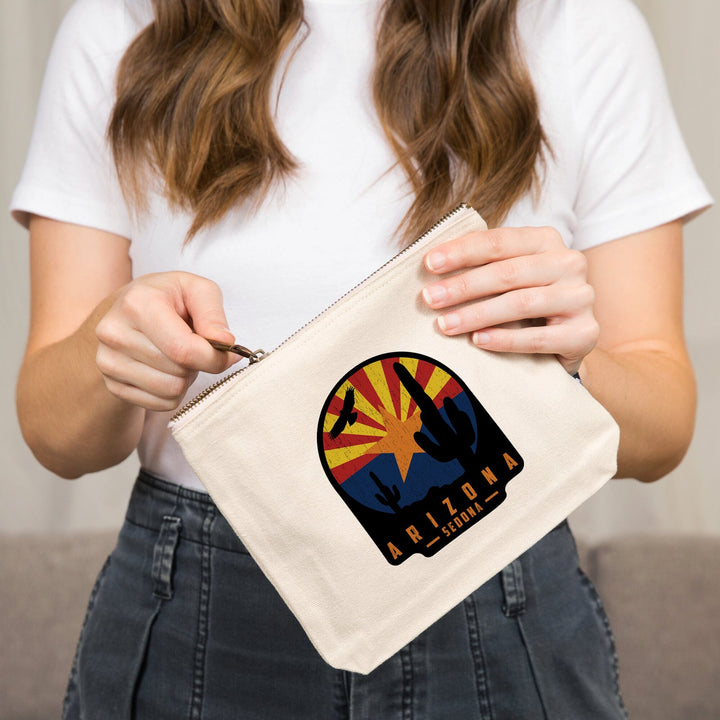 Sedona, Arizona, Cactus Scene and State Flag,, Organic Cotton Zipper Pouch, Go Bag Go Bag Lantern Press 