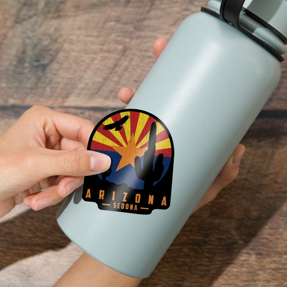 Sedona, Arizona, Cactus Scene & State Flag, Contour, Lantern Press Artwork, Vinyl Sticker Sticker Lantern Press 