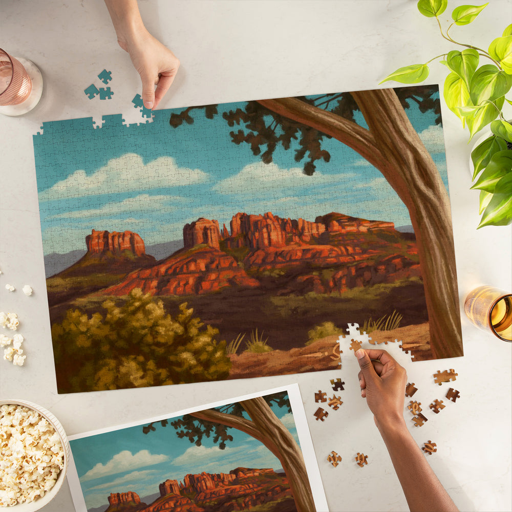 Sedona, Arizona, Canyon with Clouds Oil Painting, Jigsaw Puzzle Puzzle Lantern Press 