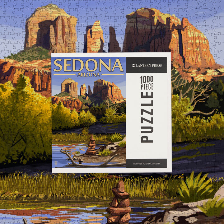 Sedona, Arizona, Cathedral Rock and Cairn, Jigsaw Puzzle Puzzle Lantern Press 