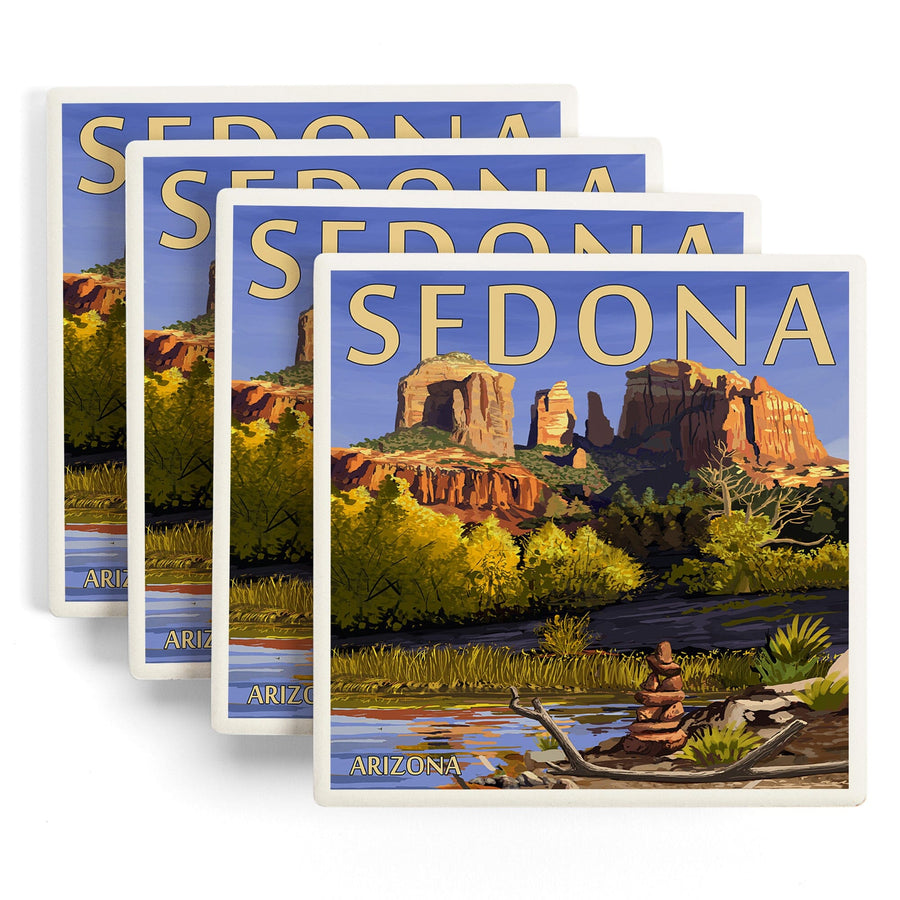 Sedona, Arizona, Cathedral Rock & Cairn, Lantern Press Artwork, Coaster Set Coasters Lantern Press 