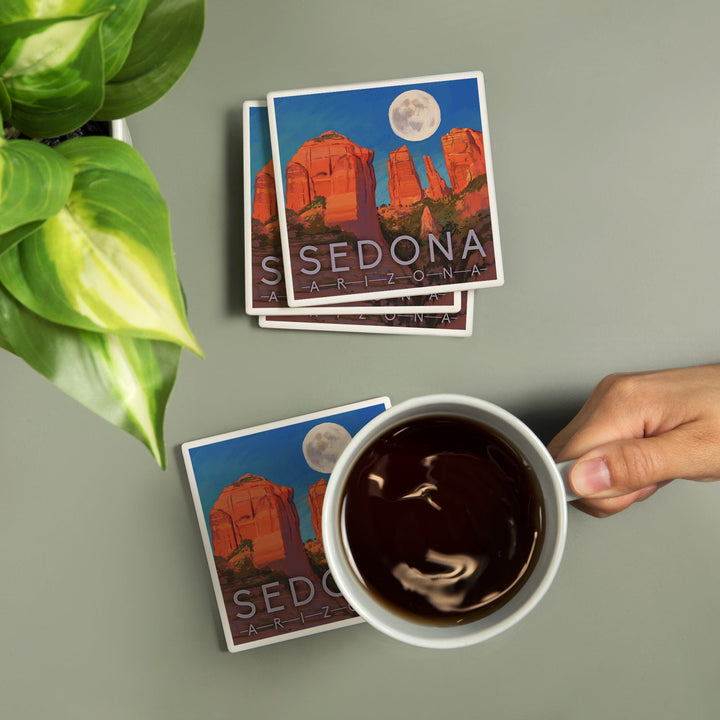 Sedona, Arizona, Cathedral Rock, Moon, Oil Painting, Lantern Press Artwork, Coaster Set Coasters Lantern Press 