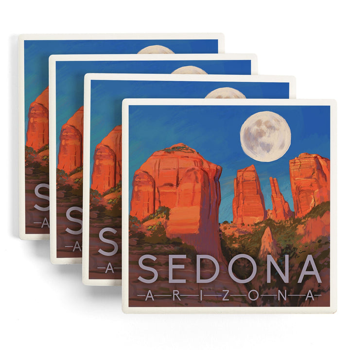 Sedona, Arizona, Cathedral Rock, Moon, Oil Painting, Lantern Press Artwork, Coaster Set Coasters Lantern Press 