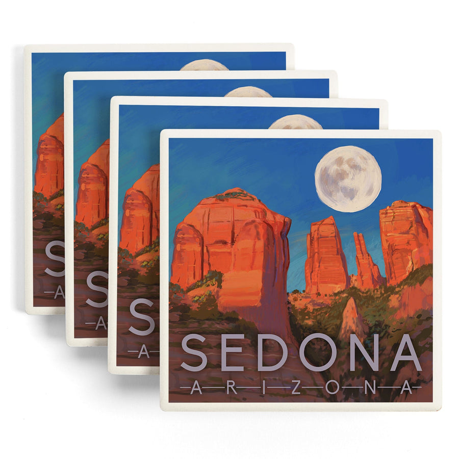 Sedona, Arizona, Cathedral Rock, Moon, Oil Painting, Lantern Press Artwork, Coaster Set Coasters Lantern Press 