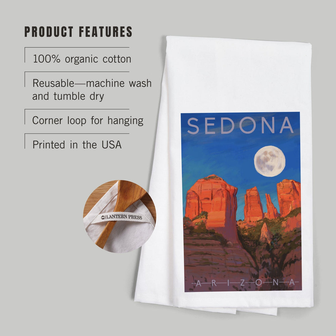 Sedona, Arizona, Cathedral Rock, Moon, Oil Painting, Organic Cotton Kitchen Tea Towels Kitchen Lantern Press 