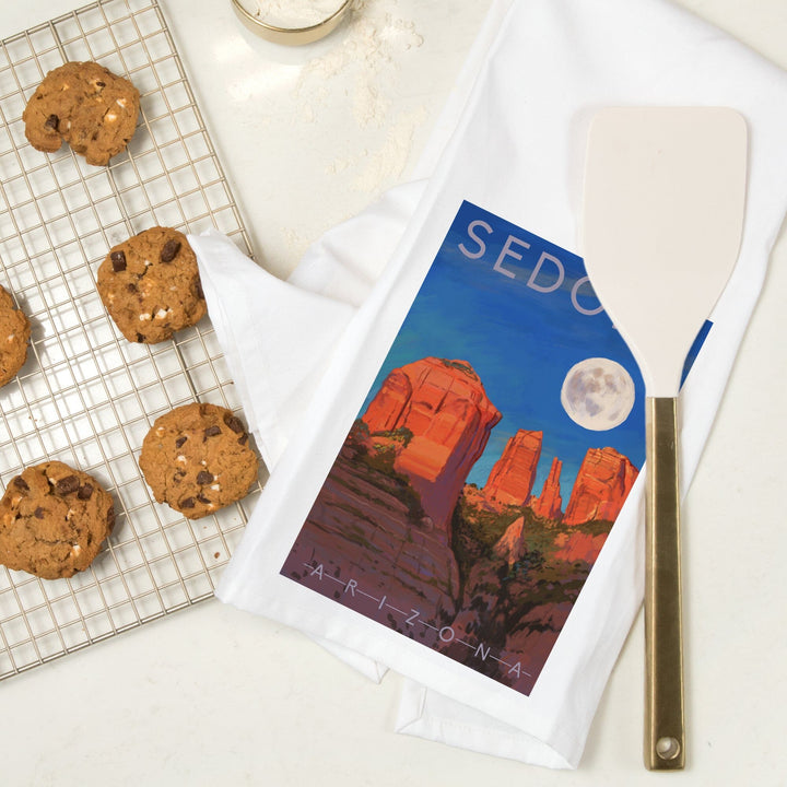 Sedona, Arizona, Cathedral Rock, Moon, Oil Painting, Organic Cotton Kitchen Tea Towels Kitchen Lantern Press 