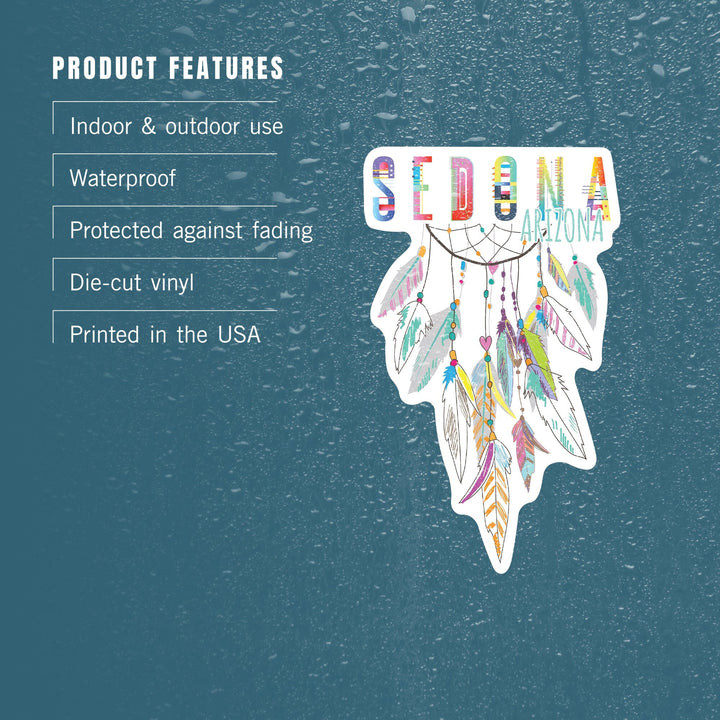 Sedona, Arizona, Colorful Feathers, Dreamcatcher, Contour, Lantern Press Artwork, Vinyl Sticker Sticker Lantern Press 